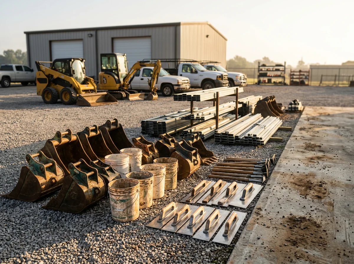 Construction equipment and tools on a job site, representing the range of services from excavation to metal building assembly.