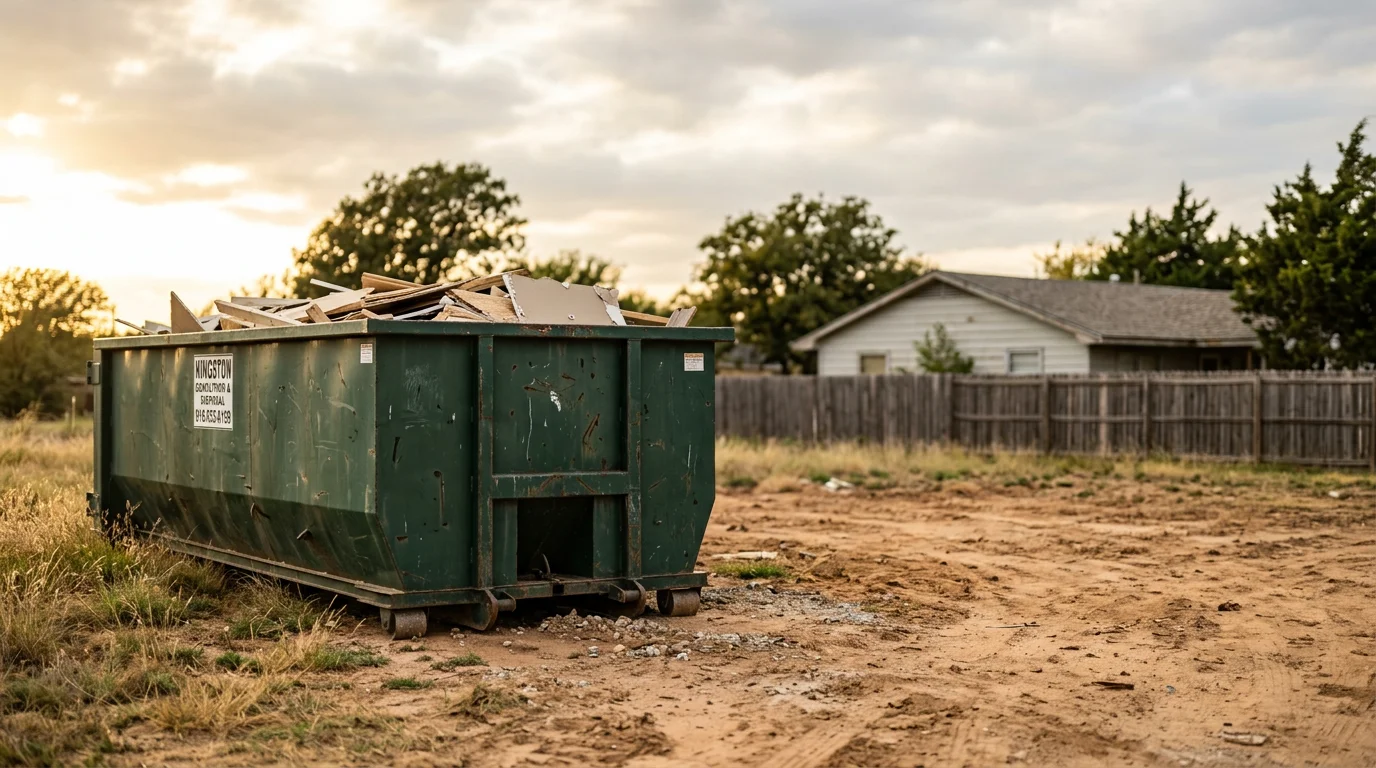 Dumpster rental container on residential property for construction debris