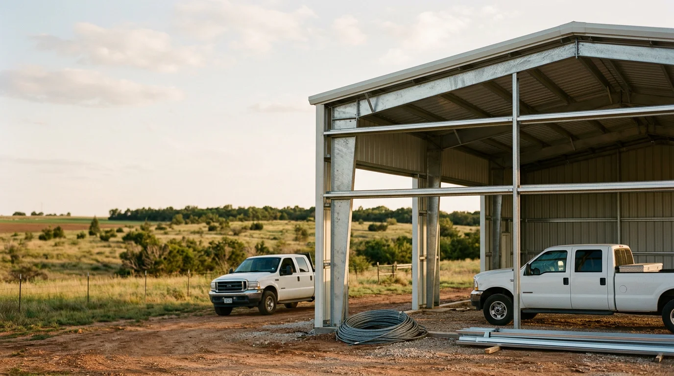 Metal building construction with steel framework and metal panels