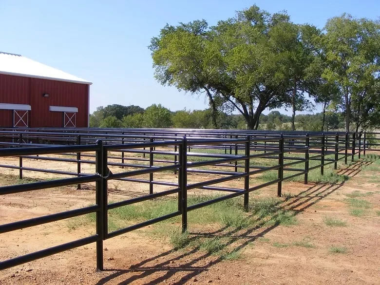 Black metal pipe ranch fencing with concrete post footings and horizontal rails