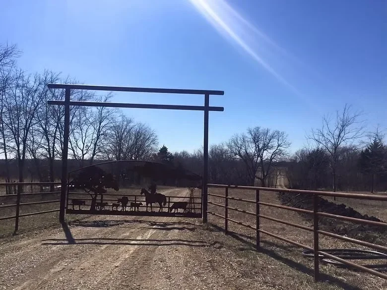 Black steel equestrian gate with horizontal rails and matching fence panels in rural setting