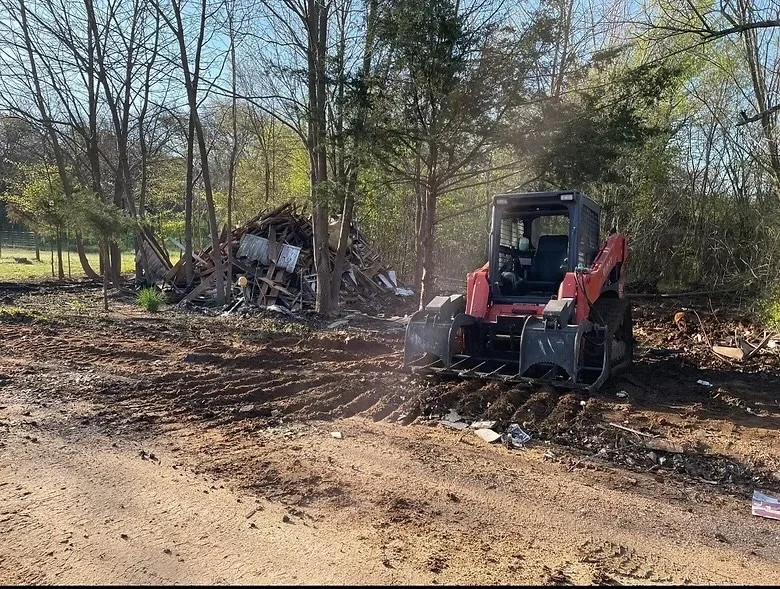 Skid steer loader clearing debris and fallen trees from wooded site