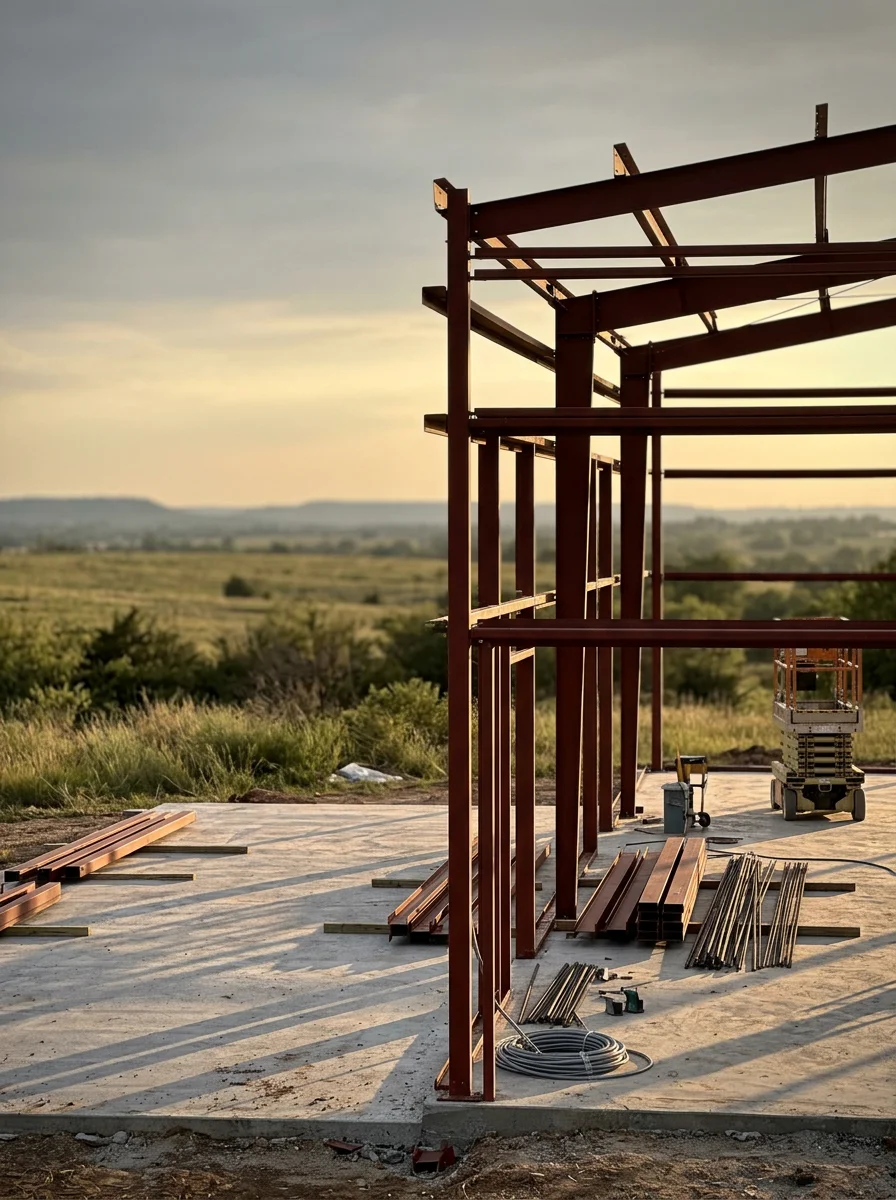 A metal building frame being erected on a concrete pad on a rural Ardmore, Oklahoma property, with open rolling savanna terrain visible in the background.