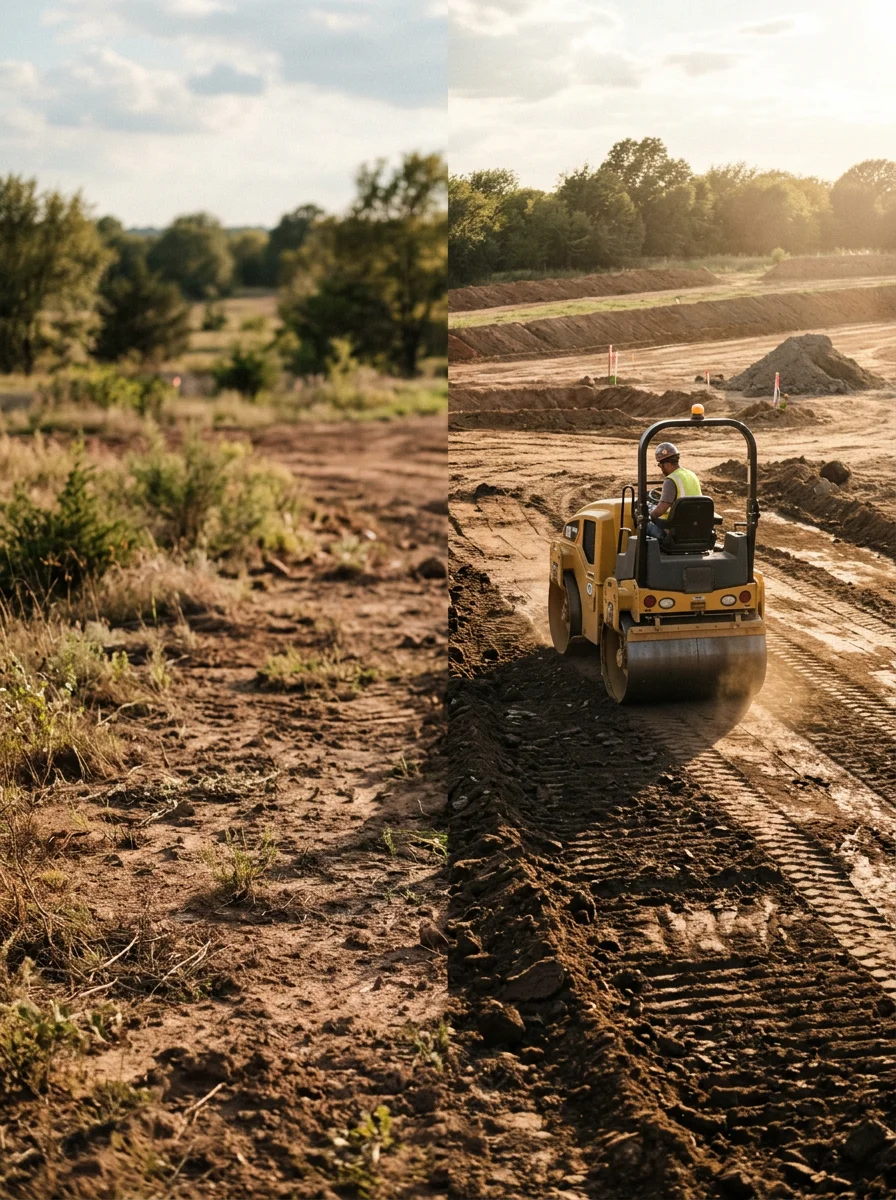 Excavation equipment compacting a building pad on a rural Bryan County property outside Durant, with cleared land visible around the site.