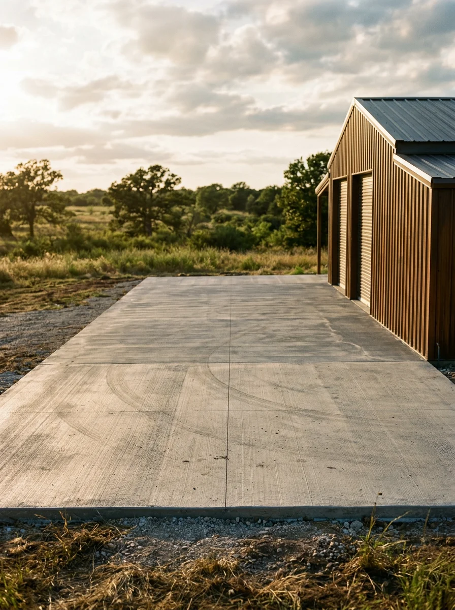 A metal building on a freshly graded concrete pad on a rural Gainesville, TX property, with rolling North Texas terrain visible in the background.