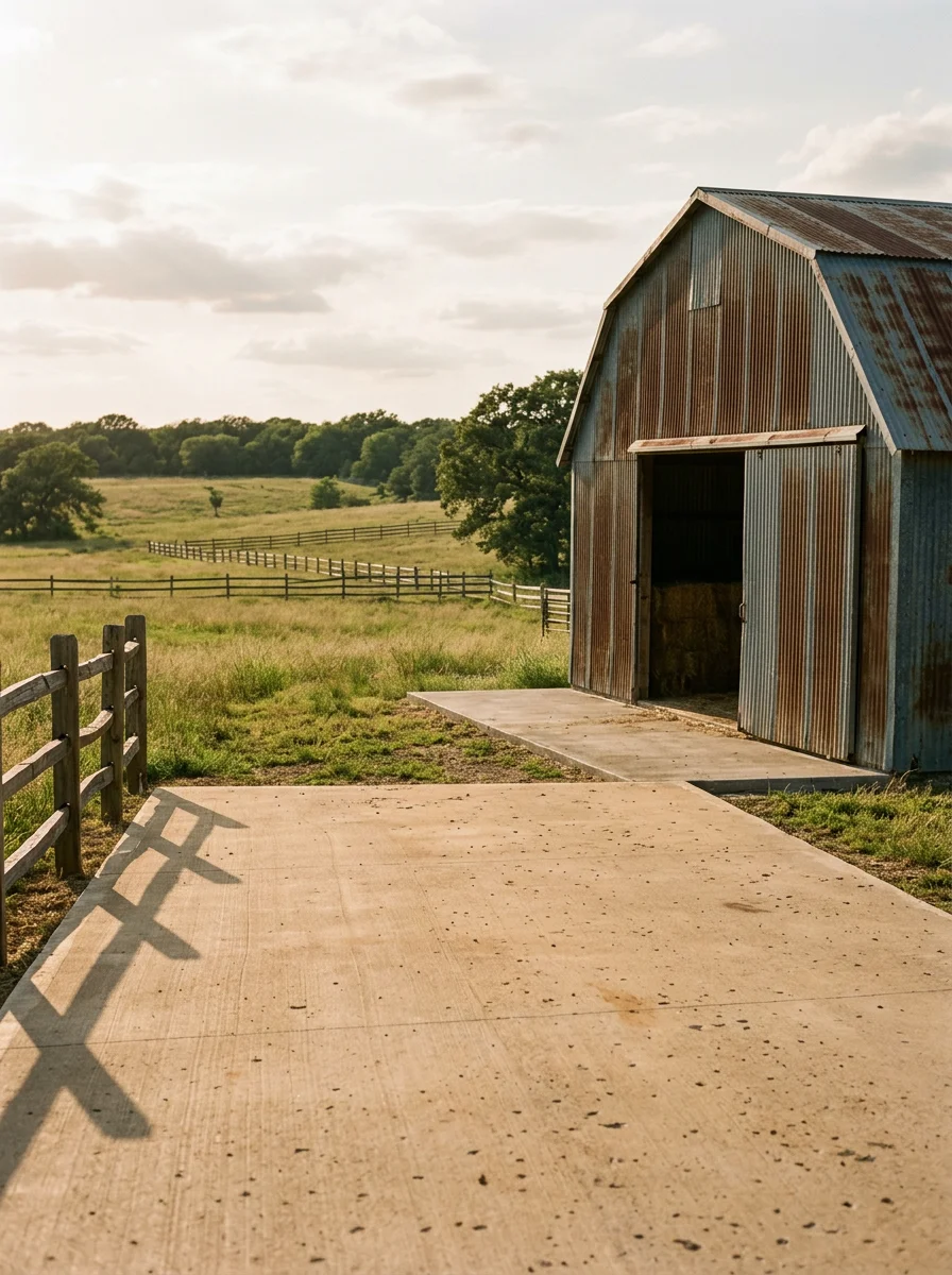 A metal hay barn on a concrete pad on a horse property near Whitesboro, Texas, with open pasture and cross-fencing visible in the background.