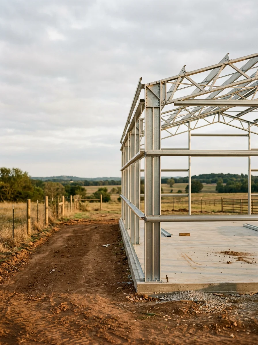 A metal building frame erected on a graded pad on a rural Grayson County property outside Sherman, TX, with perimeter fencing along the property line.