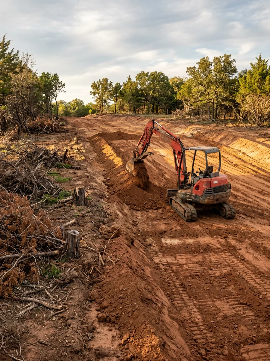 Excavation equipment grading a sloped rural lot in the Texoma region of southern Oklahoma, with cedar trees cleared from the site perimeter.