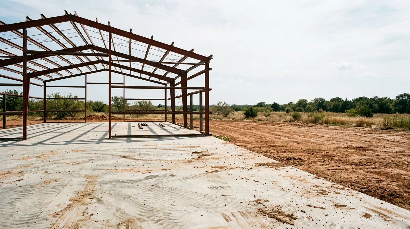 A metal building under construction on a rural Texoma area property near Lake Texoma, with cleared land and a concrete pad in the foreground.