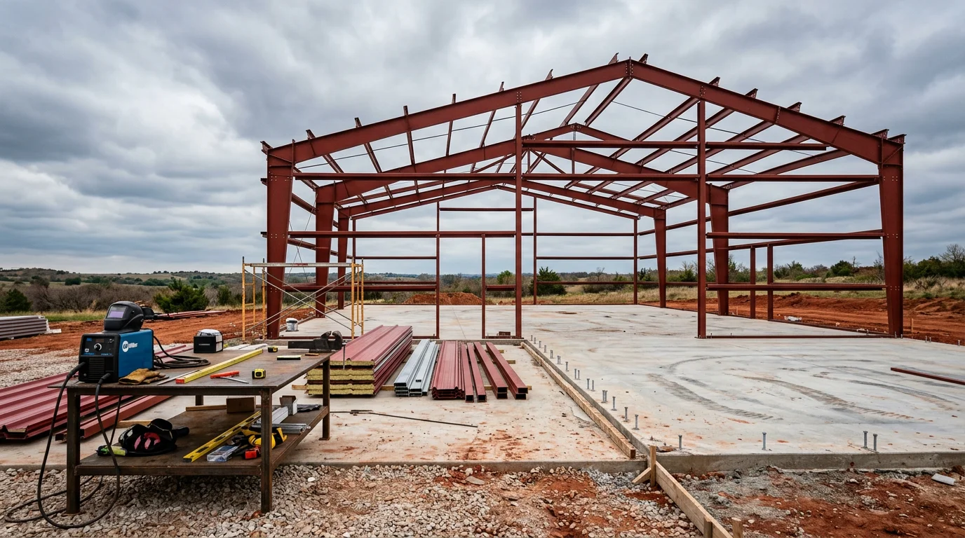 A large metal agricultural building with an open clear-span interior on a rural farm property in the Texoma area. The structure shows steel framing and metal panel walls suited for hay storage and equipment protection in North Texas.