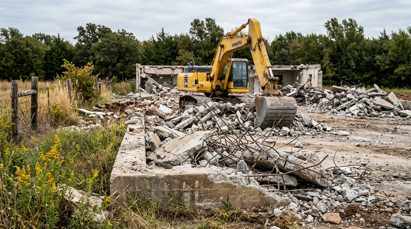 A residential structure being demolished on a cleared lot in the Texoma area, with heavy equipment positioned alongside the building during a controlled takedown. The surrounding property remains intact, showing careful site management during the demolition process.