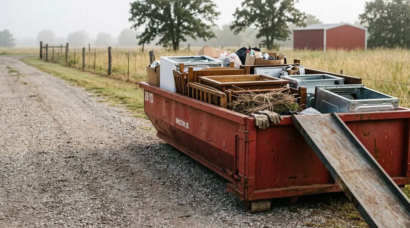 A roll-off dumpster filled with bulk household items including old furniture and yard debris, placed on a residential property in the Texoma area. The surrounding landscape reflects the rural North Texas and Southern Oklahoma terrain common to the region.