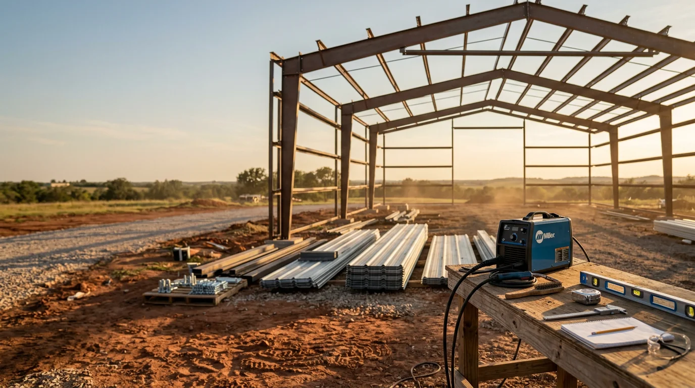 A completed commercial metal building with a large clear-span interior and metal panel exterior, constructed in the Texoma Area of North Texas. The structure shows a standing-seam metal roof and wide overhead door openings suited for commercial warehouse or workshop use.