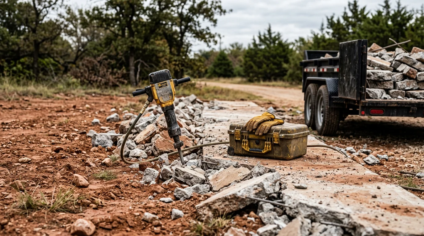A concrete slab being broken apart and removed on a residential property in the Texoma area of North Texas. The cleared site shows exposed soil ready for new construction after full concrete demolition and debris haul-off.