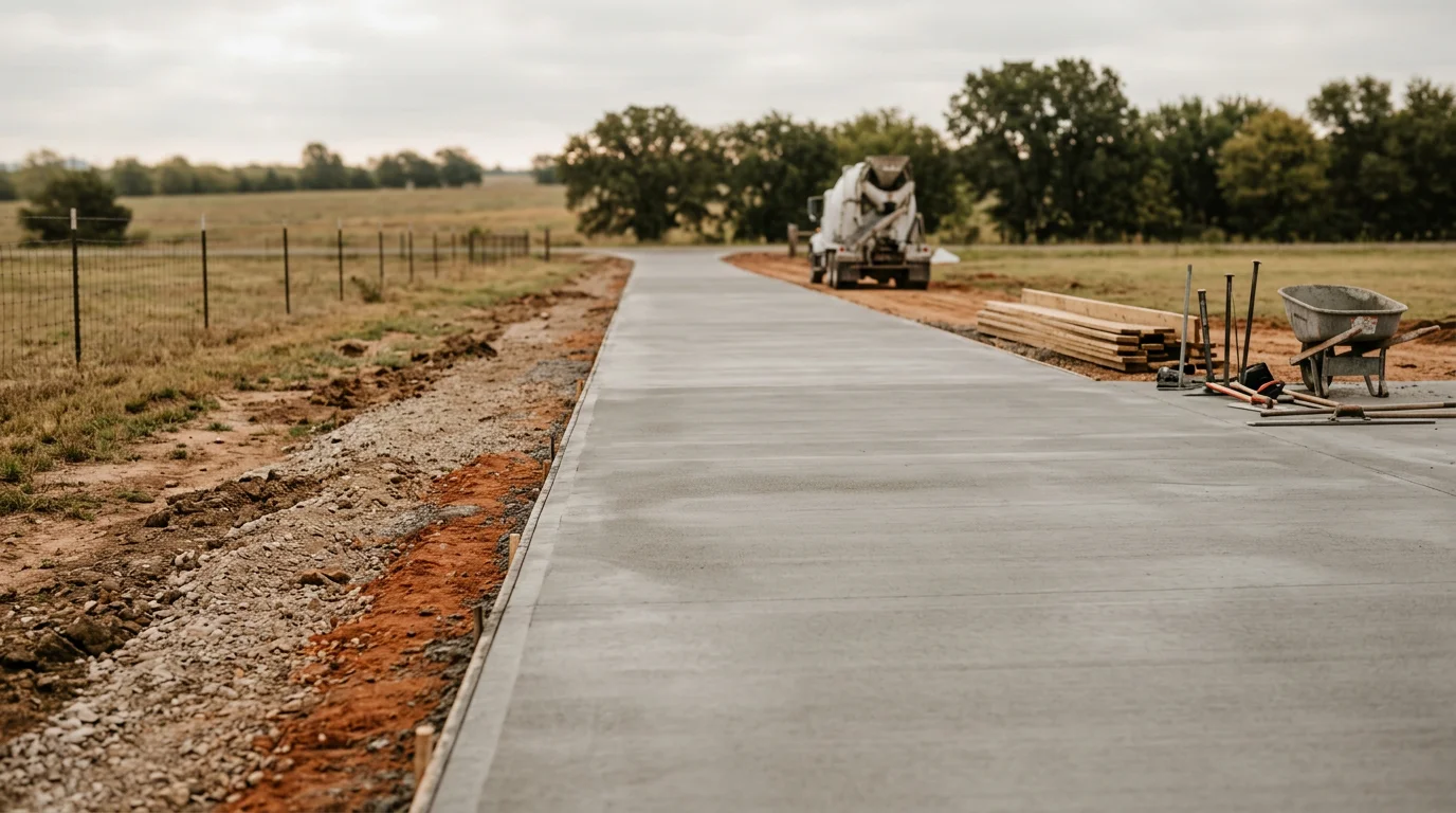 A freshly poured concrete driveway in front of a residential home in the Texoma area, showing a smooth, light-gray surface with clean edges and a compacted base. The surrounding landscape reflects the rural and suburban character common across North Texas and Southern Oklahoma.