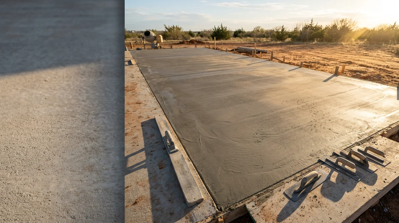 A freshly finished concrete slab with a smooth trowel surface at a residential property in the Texoma area. The surface shows clean, level edges and consistent texture typical of professional flatwork finishing in North Texas and Southern Oklahoma.