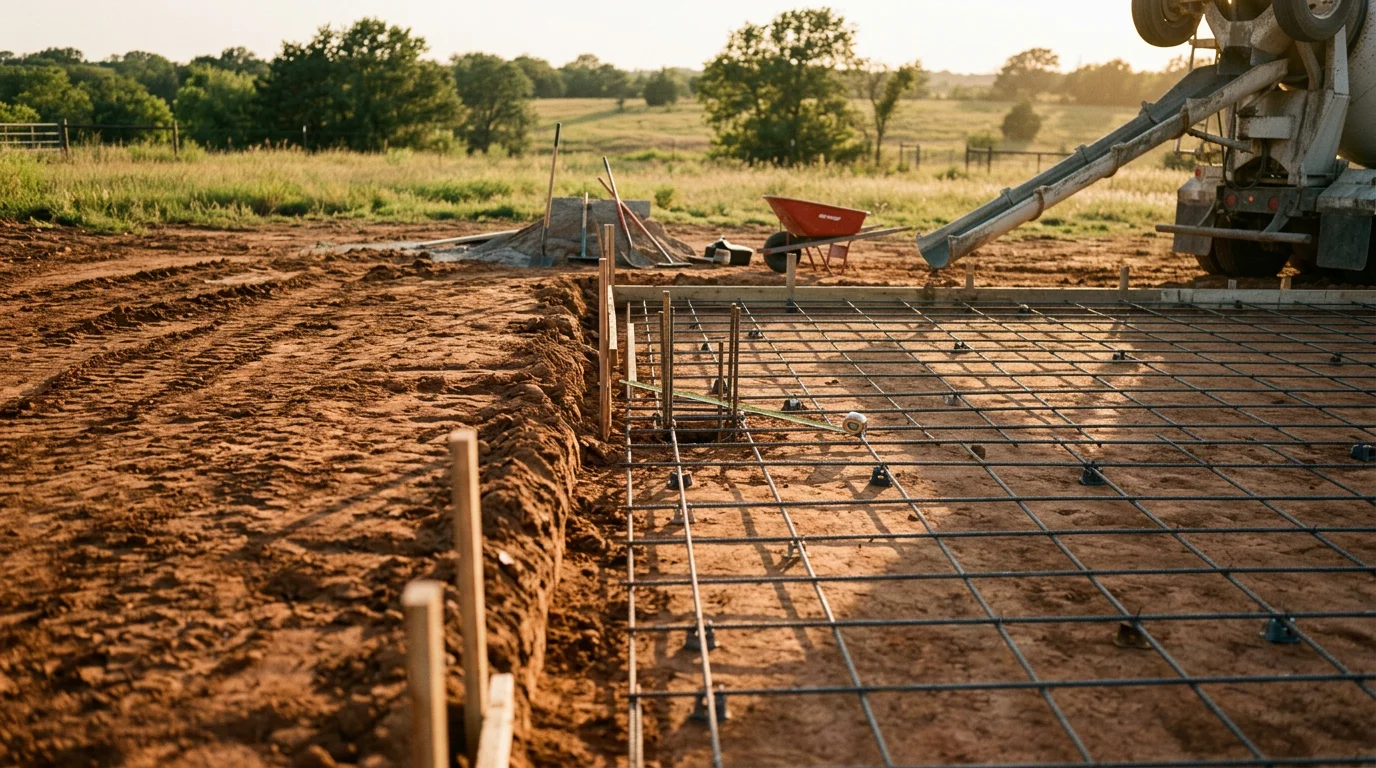 A freshly poured and reinforced concrete slab foundation at a residential construction site in the Texoma area. The concrete surface is smooth and level, with visible rebar placement along the perimeter, set against the red clay soil common to North Texas and Southern Oklahoma.