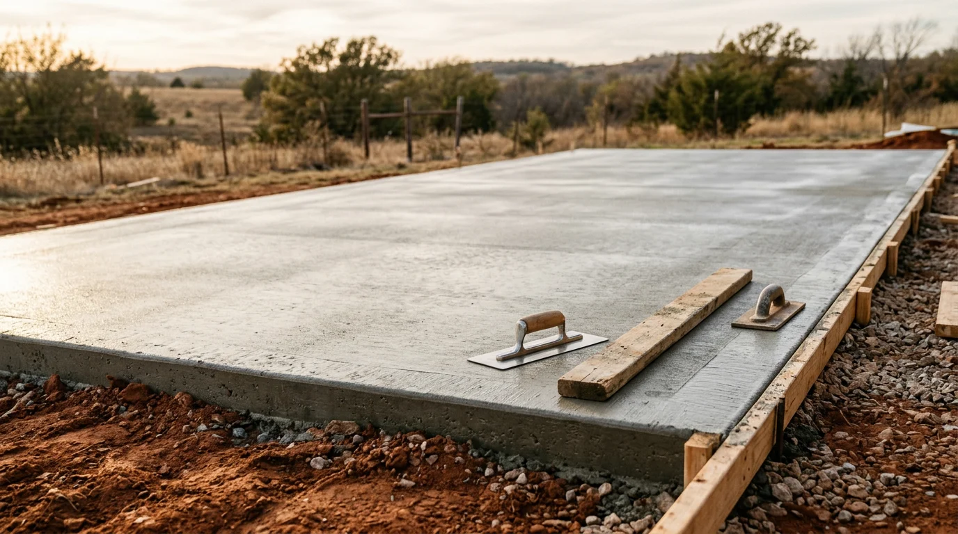 A finished concrete patio slab behind a residential home in the Texoma area, with clean edges and a smooth surface ready for outdoor furniture. The surrounding yard reflects the open landscape typical of North Texas and Southern Oklahoma properties.