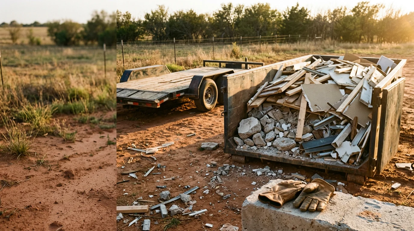 A cleared job site in the Texoma area with stacked concrete rubble, lumber scraps, and roofing debris loaded into a haul truck. MBH Construction debris removal service in North Texas and Southern Oklahoma.