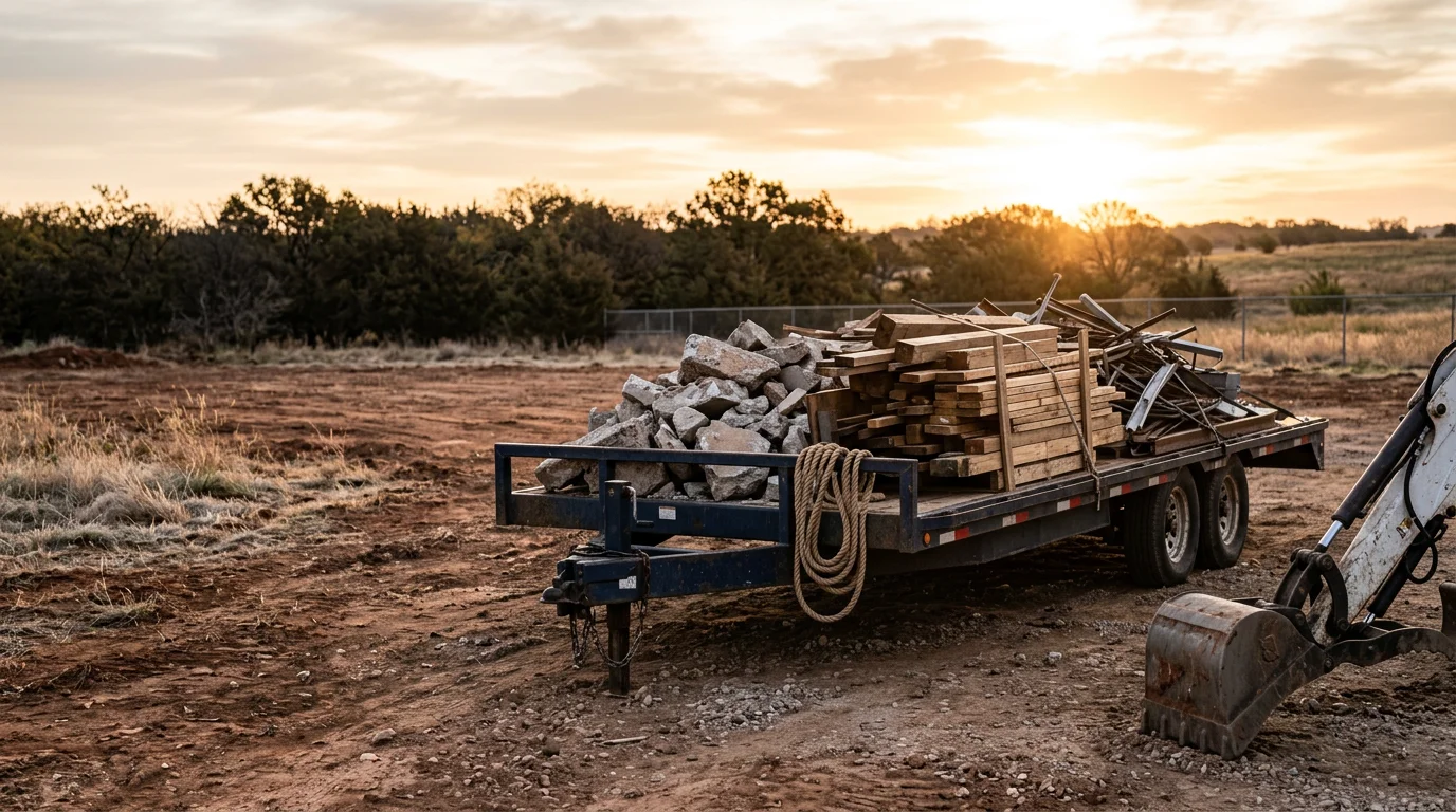A cleared demolition site in the Texoma area with concrete rubble and mixed construction debris loaded into a haul truck. The surrounding rural North Texas landscape is visible in the background.