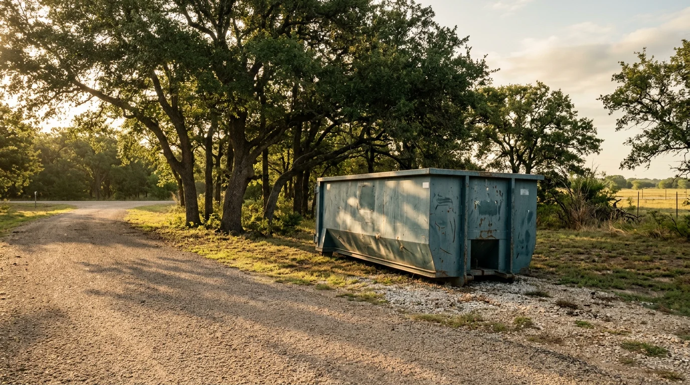 A roll-off dumpster placed on a gravel driveway at a rural property in the Texoma area, with an open top ready to receive debris. An MBH Construction truck is visible in the background after completing the delivery.