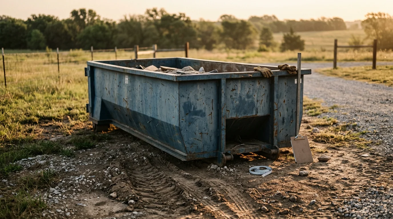 A roll-off dumpster placed on a rural property driveway in the Texoma Area with open land visible in the background. The container is positioned for easy loading during a property cleanout or construction project in North Texas or Southern Oklahoma.