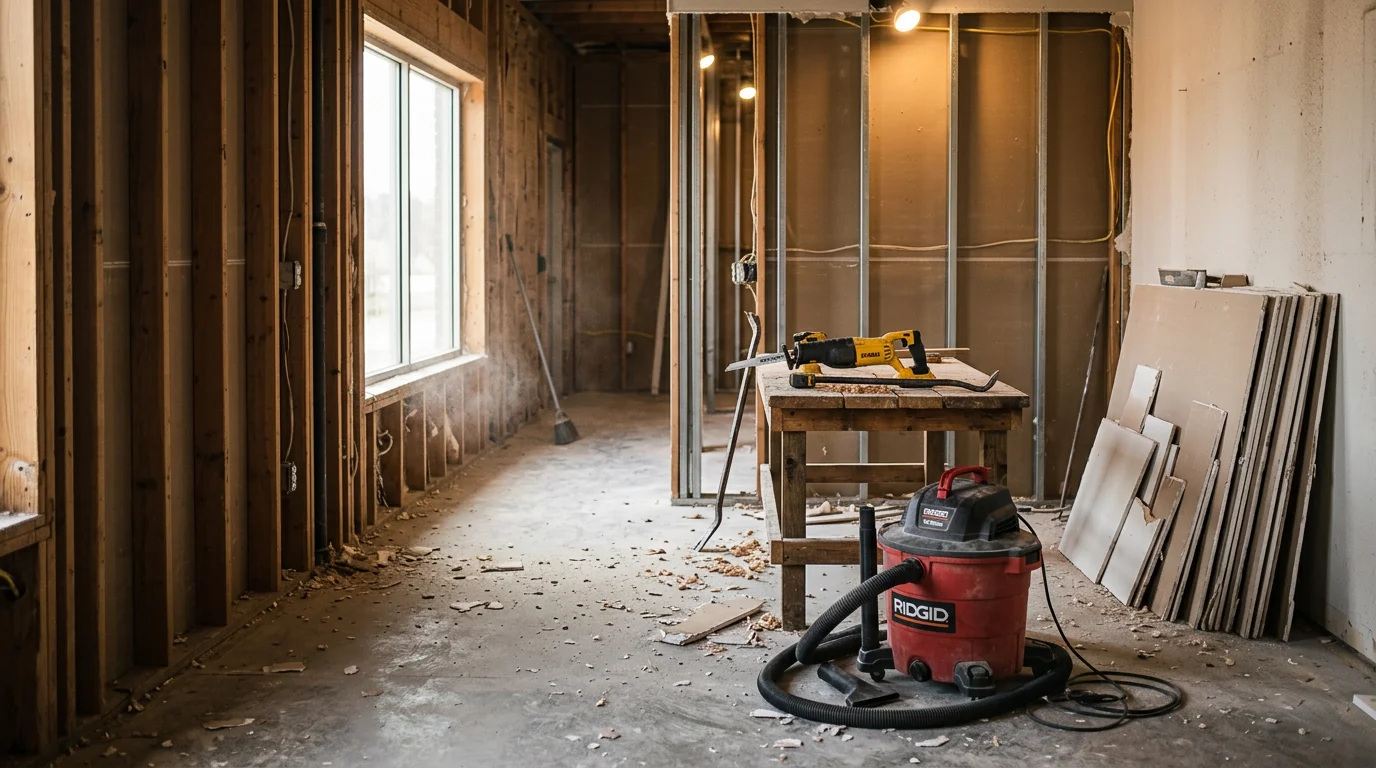Interior of a residential property in the TEXOMA Area mid-demolition, with drywall removed, wall studs exposed, and flooring stripped in preparation for renovation. MBH Construction interior demolition work in progress.