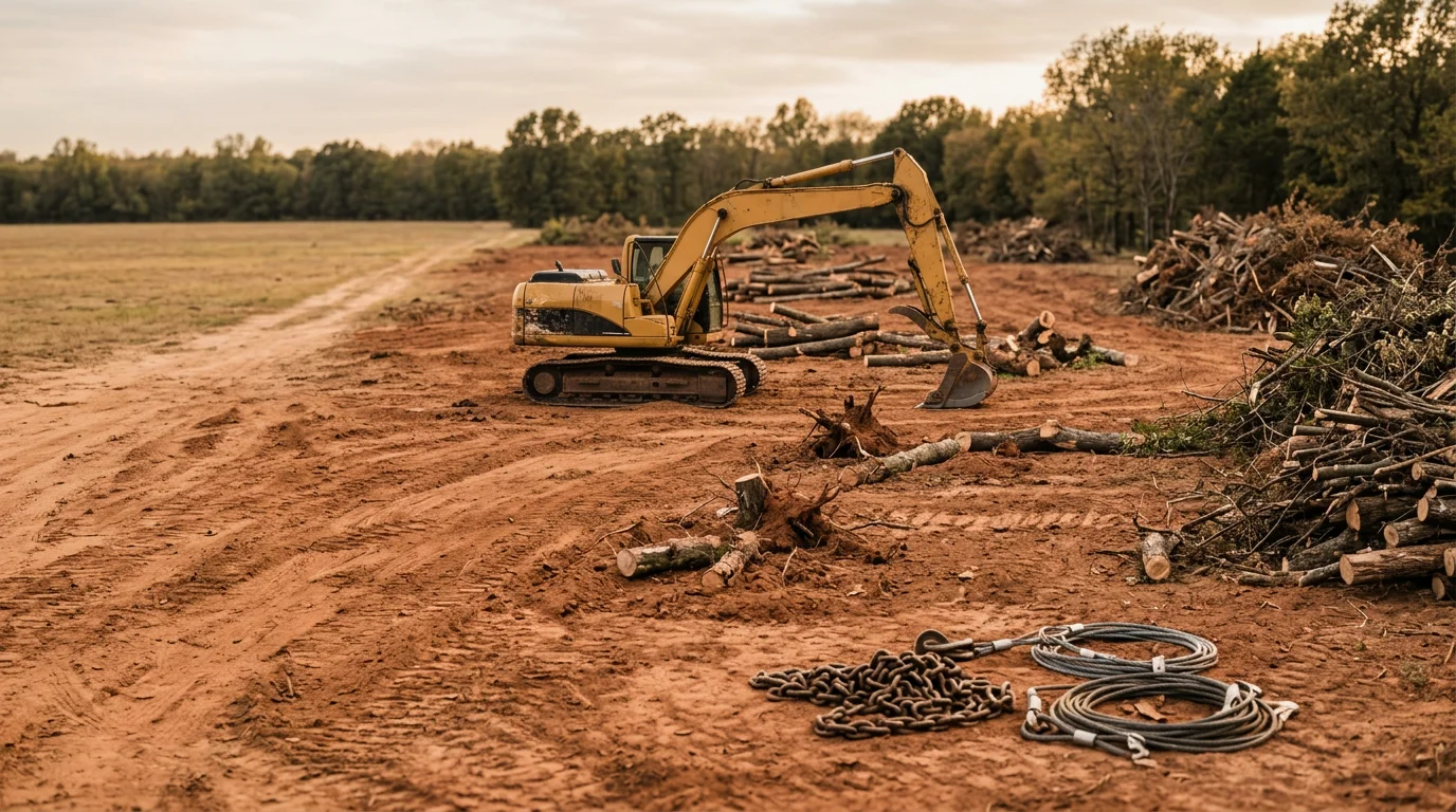 A cleared rural tract in the Texoma area showing removed brush, trees, and stumps with open ground ready for use. Red River valley terrain visible in the background along the North Texas and Southern Oklahoma border region.
