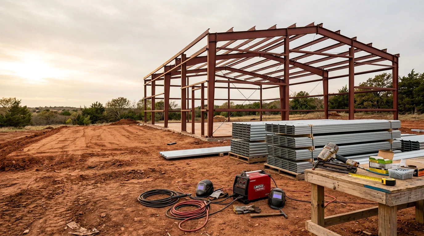 A completed custom metal building constructed by MBH Construction on a rural property in the Texoma area, with clear-span steel framing and metal panel walls and roof. The structure sits on a prepared site typical of North Texas and Southern Oklahoma land, with open sky in the background.