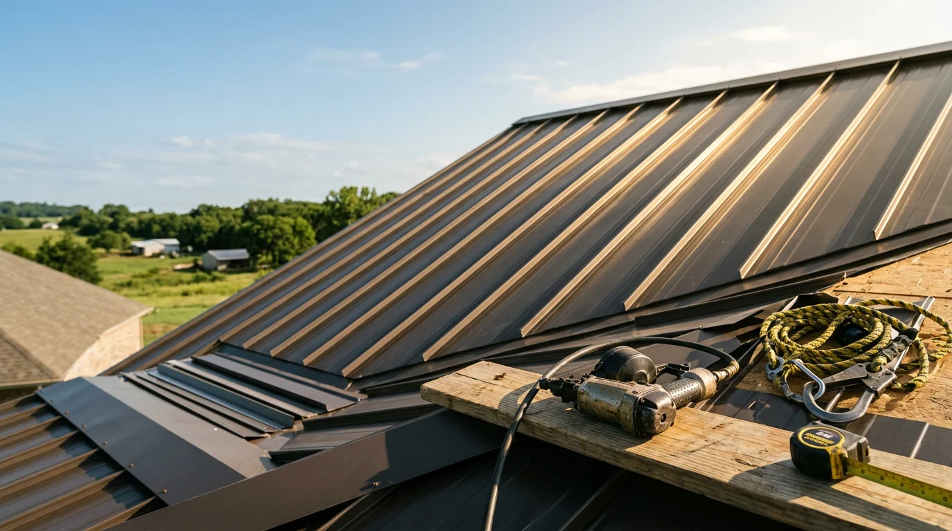 Completed metal roof installation on a residential property in the Texoma area, showing clean panel lines and a finished ridge against an open North Texas sky. The roof covers a single-story home typical of rural and suburban properties served by MBH Construction across North Texas and Southern Oklahoma.