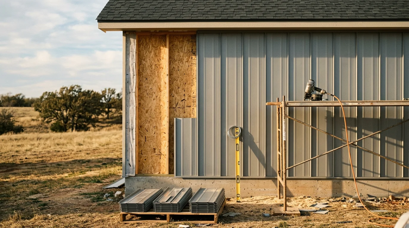 Completed metal siding installation on a residential property in the Texoma Area, showing clean vertical metal panels covering the full exterior wall. The finished surface reflects the practical, low-maintenance exterior common to North Texas and Southern Oklahoma construction.