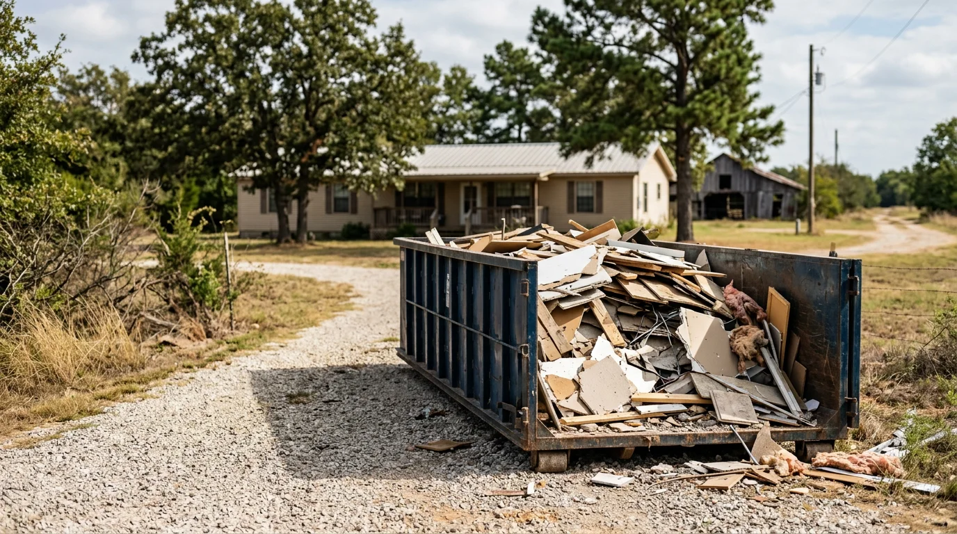 A roll-off dumpster filled with renovation debris including drywall, wood scraps, and flooring material, placed on a residential property in the Texoma area. The surrounding site is clear and ready for continued renovation work.