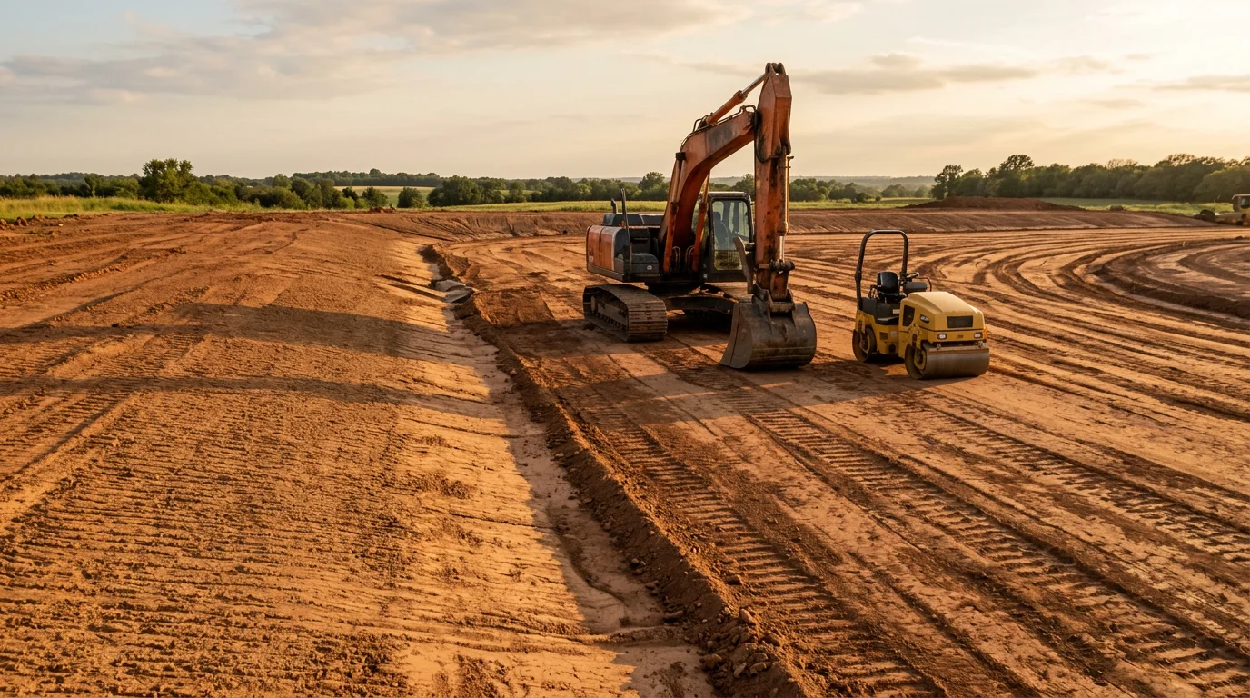 A graded and leveled construction site in the Texoma area with exposed soil compacted and shaped for drainage, ready for foundation work. Heavy equipment tracks visible across the cleared build pad with rolling North Texas terrain in the background.